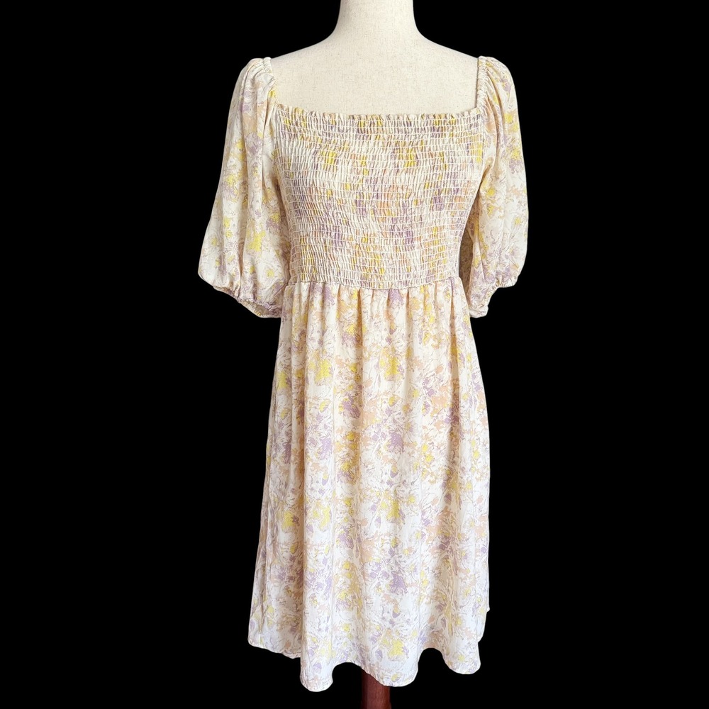 Gilli Floral Puff Sleeve Smocked Mini Dress‎ Yellow M 4 6 Cottagecore Soft girl